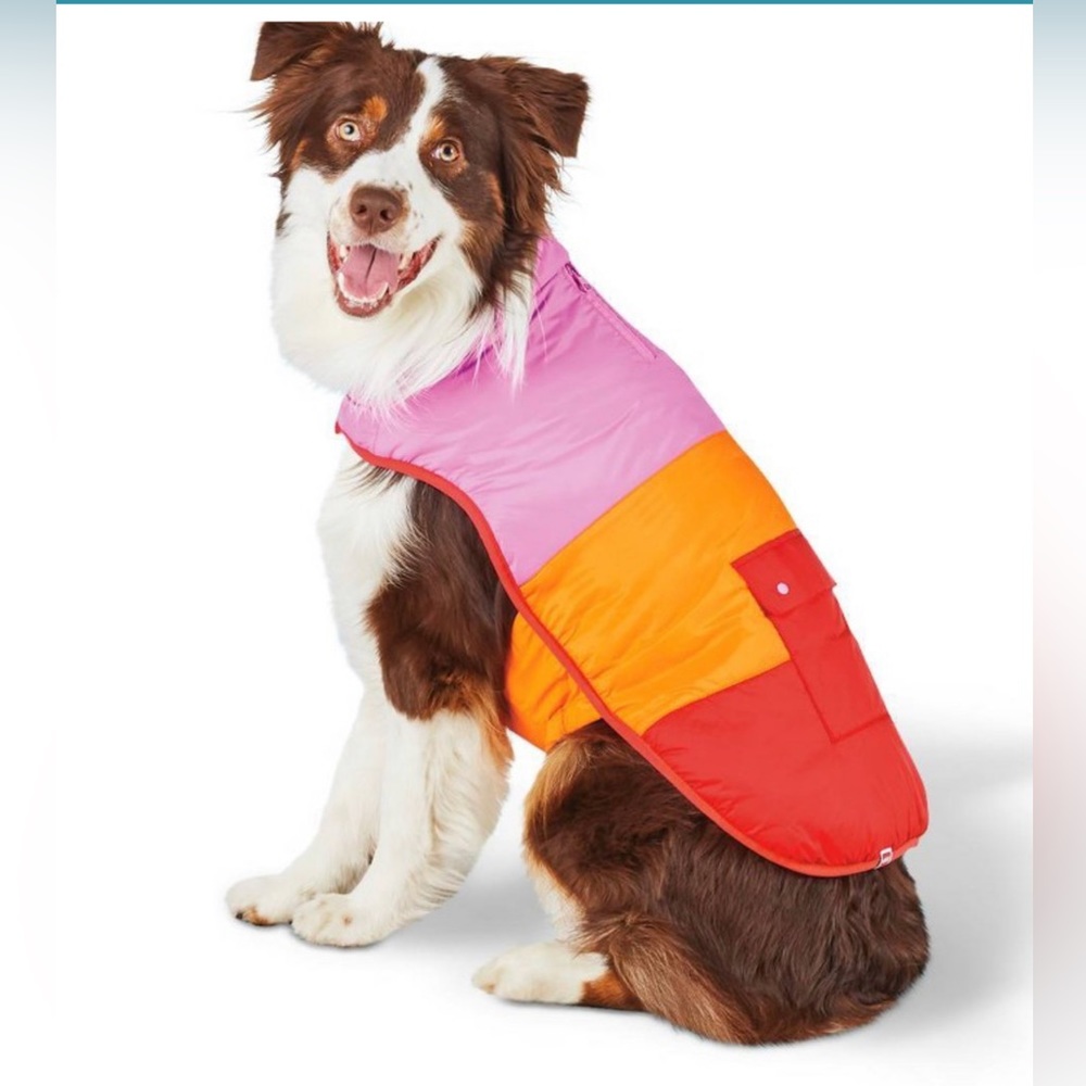 Size Medium Dog Color Block Puffer - Red/Orange/Pink - M - LEGO Collection x